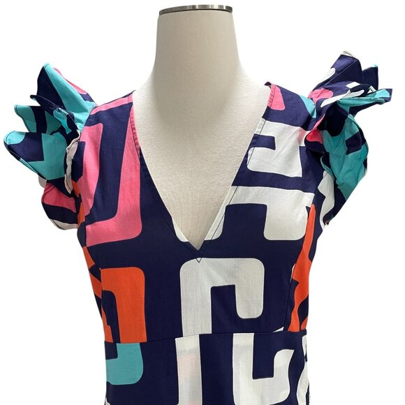 Diyanu Ruffle Sleeve Maxi Dress Geometric Print Bold Summer Statement Cotton - Picture 5 of 14